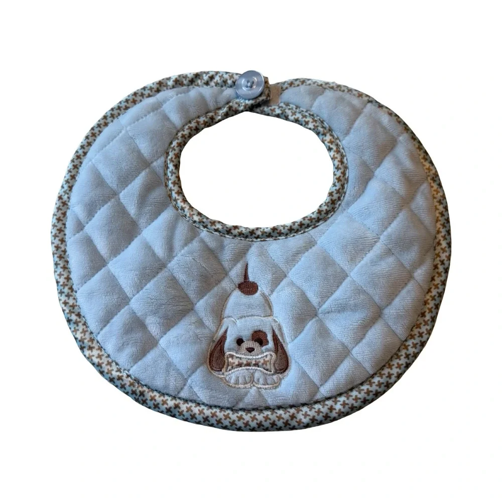 Bearington Baby Collection Quilted Plush Puppy Dog Bib Blue Brown Button Closure